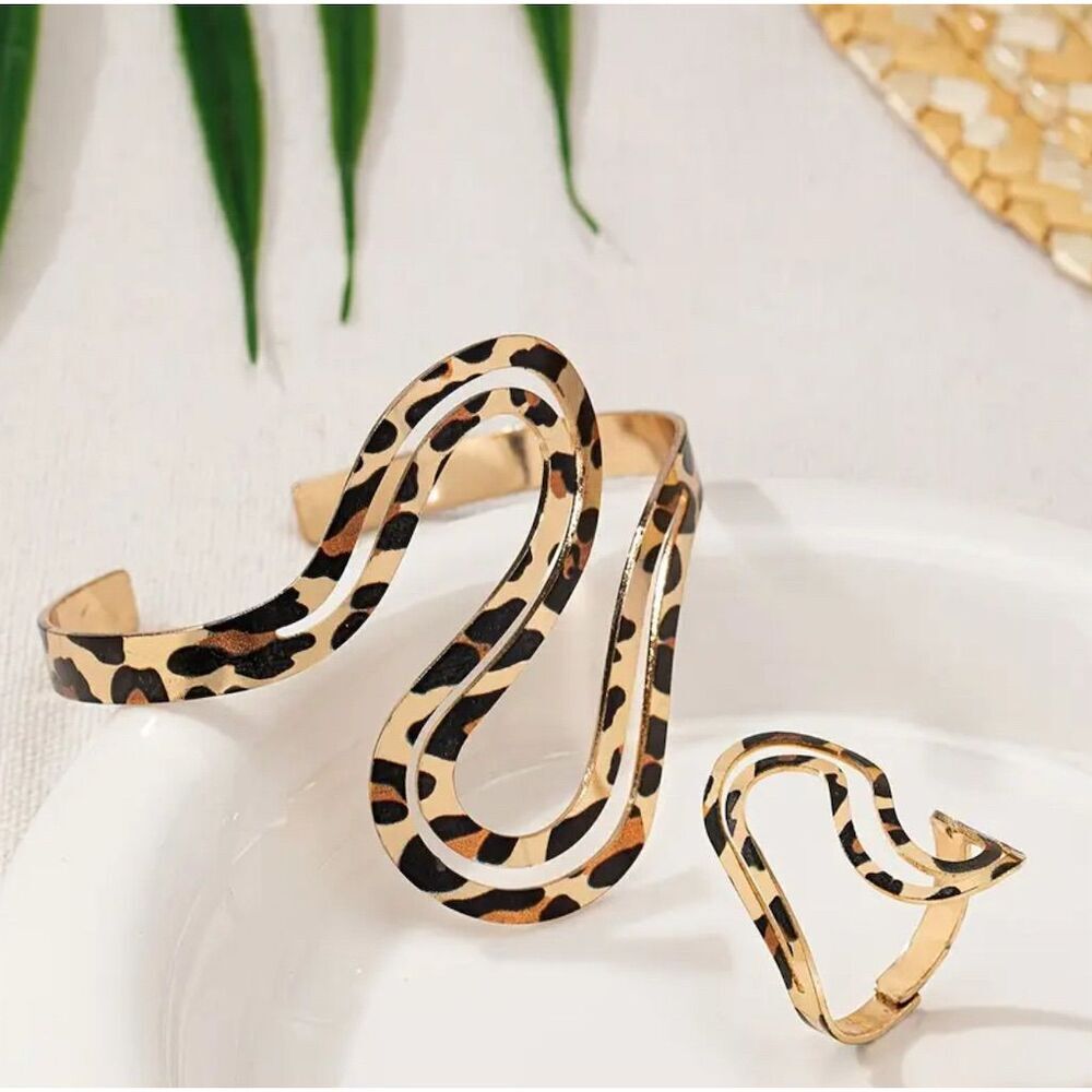 Leopard Boho Chic Bracelet & Ring Set Brown Adjus… - image 3